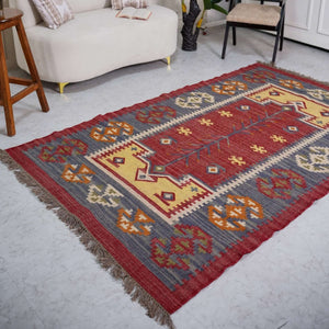 Vintage Wool - Jute Kilim Rug ¬ Handwoven with Ethnic Geometric Design - Gahlot International