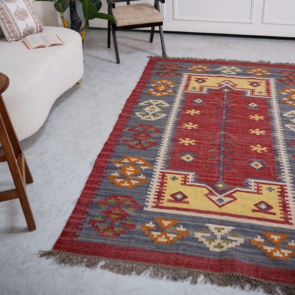 Vintage Wool - Jute Kilim Rug ¬ Handwoven with Ethnic Geometric Design - Gahlot International