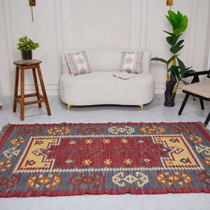 Vintage Wool - Jute Kilim Rug ¬ Handwoven with Ethnic Geometric Design - Gahlot International