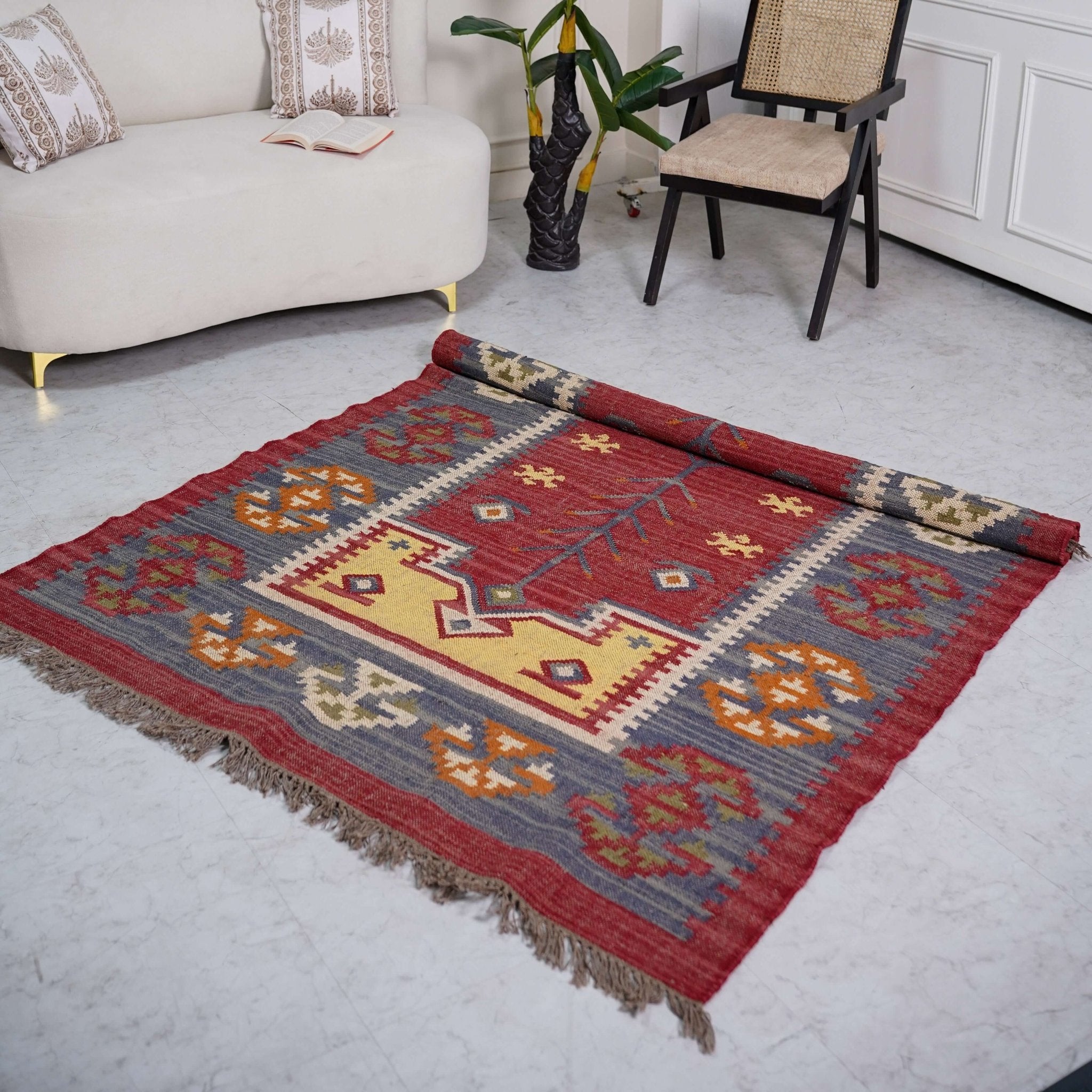 Vintage Wool - Jute Kilim Rug – Handwoven with Ethnic Geometric Design - Gahlot International